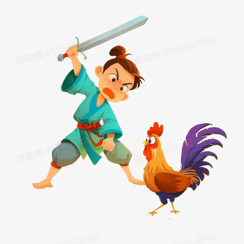 卡通手绘闻鸡起舞故事元素