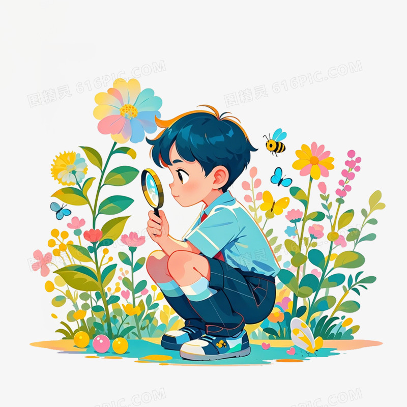 手绘插画人物观察植物免抠元素