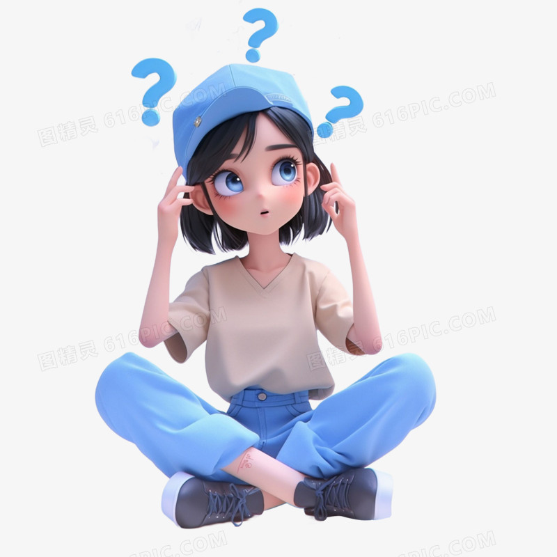 3D建模女孩思考问题免抠元素