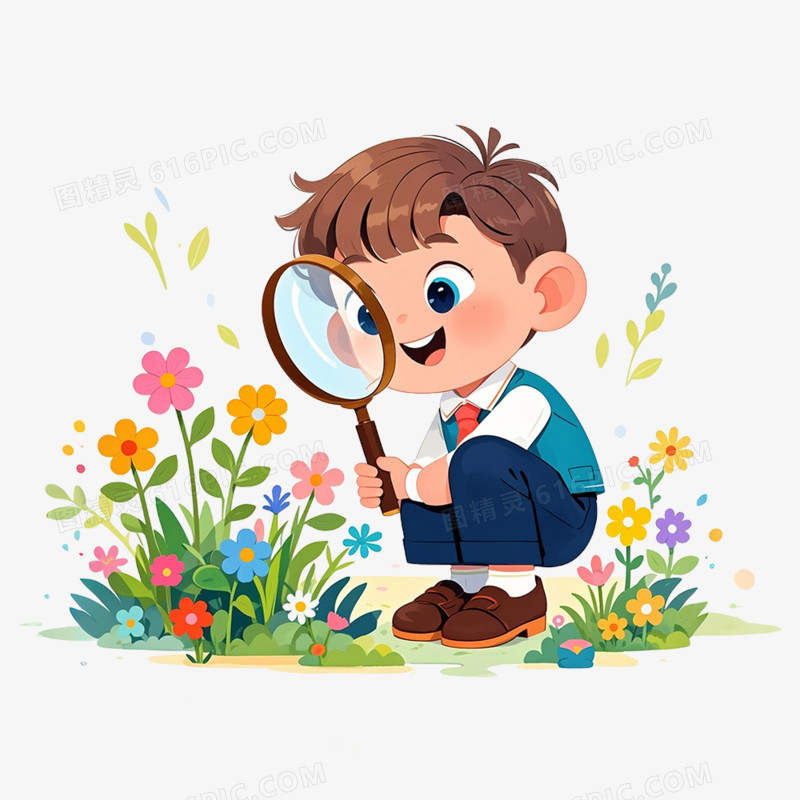 手绘插画人物观察植物免抠元素