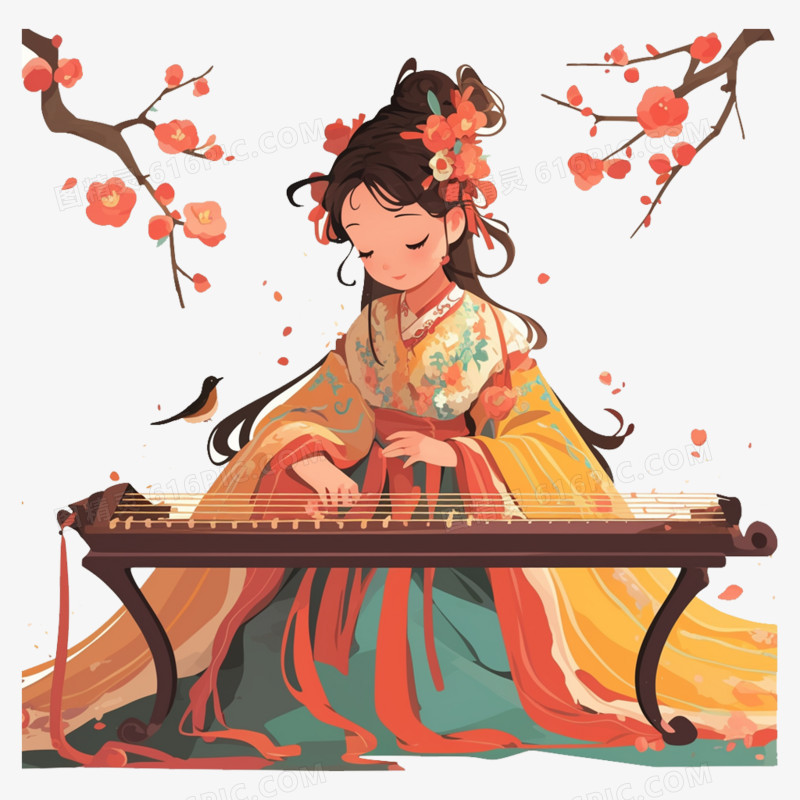 插画风古装女子演的乐器元素
