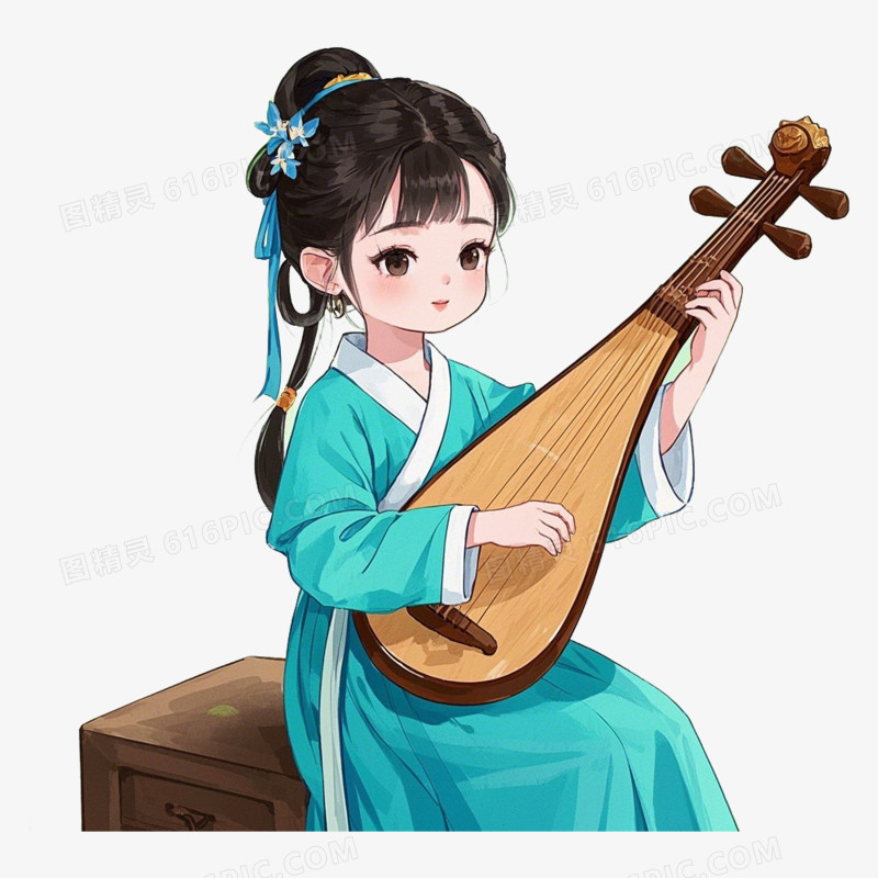 插画风古装女子演的乐器元素