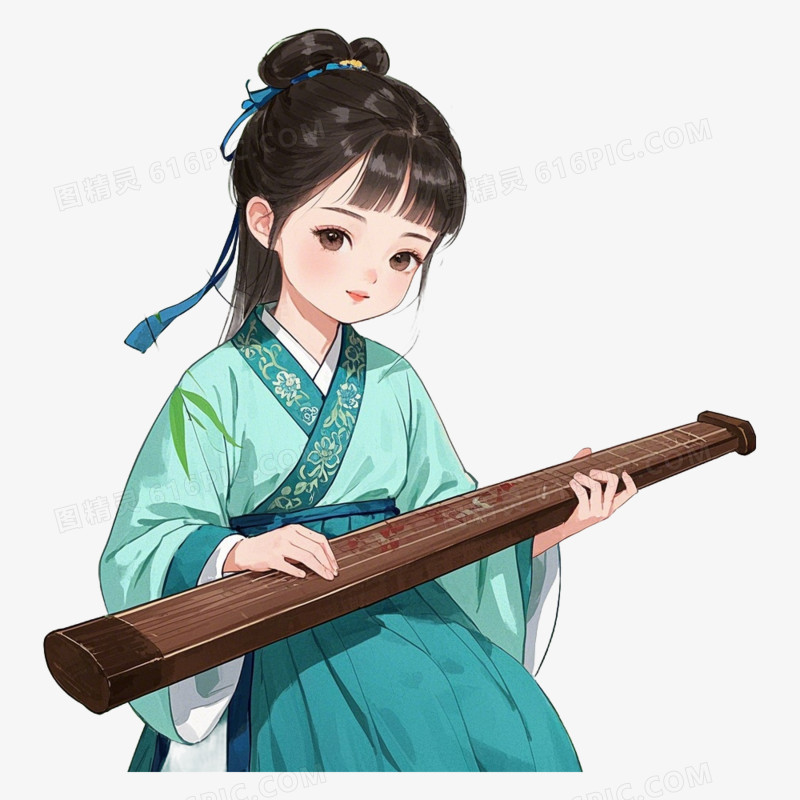 插画风古装女子演的乐器元素