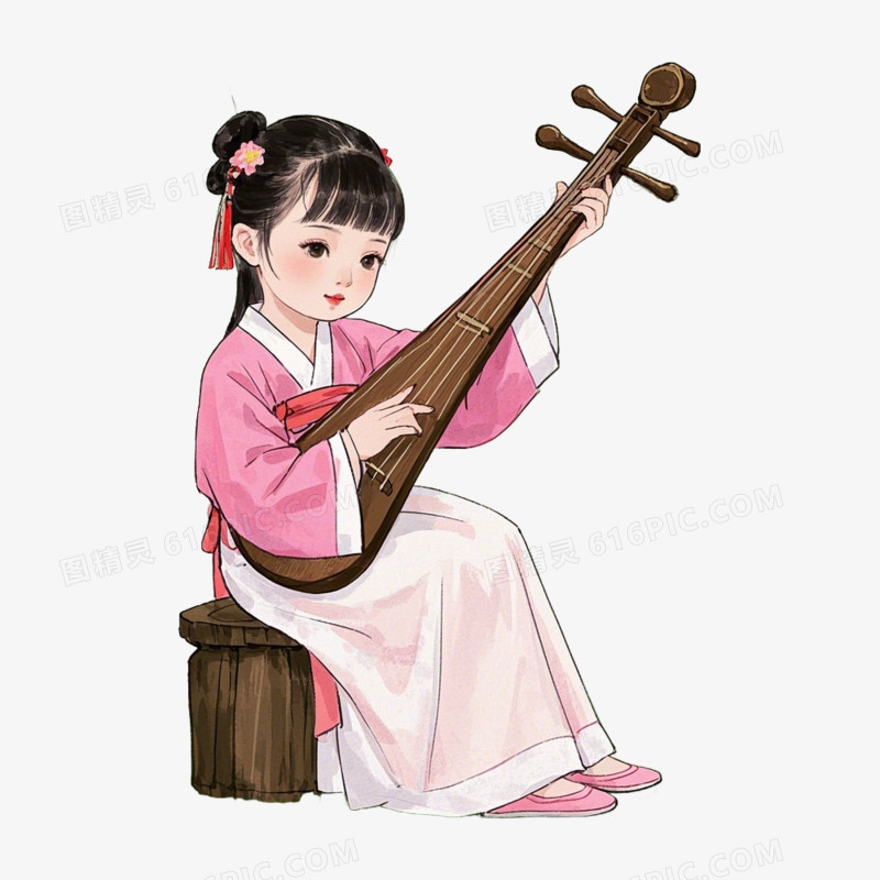 插画风古装女子演的乐器元素