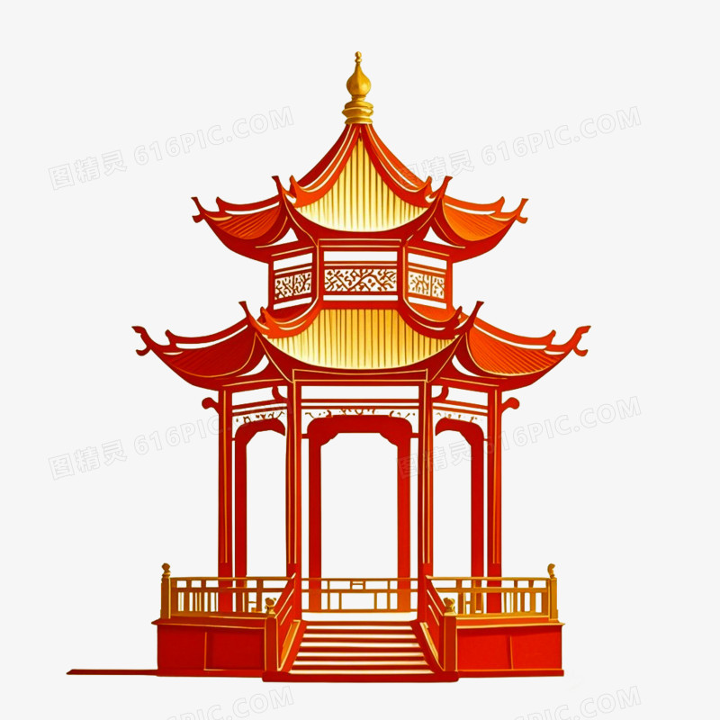 红色亭台楼阁古建筑免抠元素