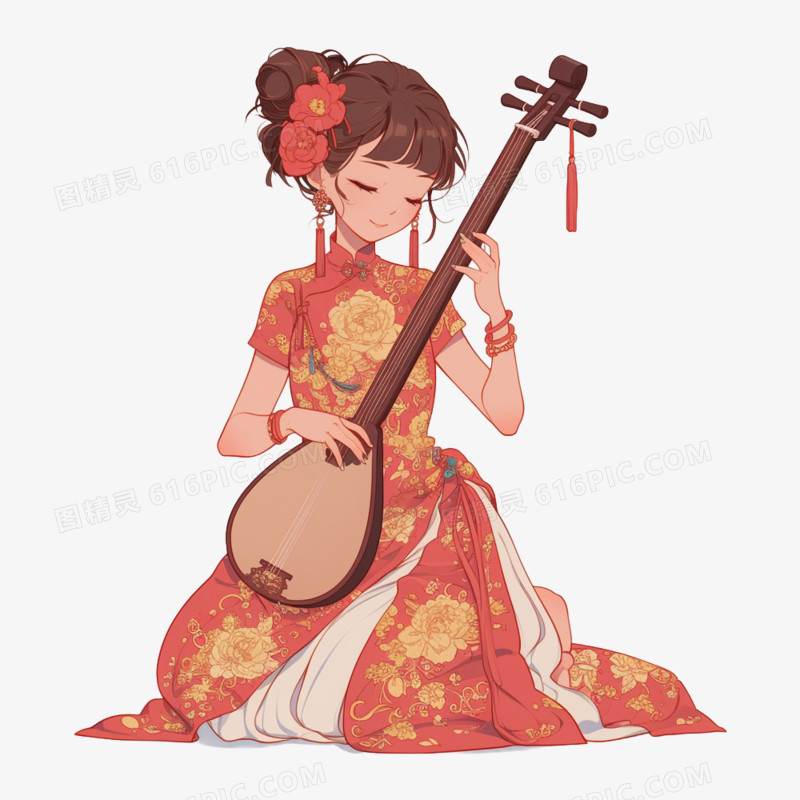 卡通插画古装人物演奏中式乐器