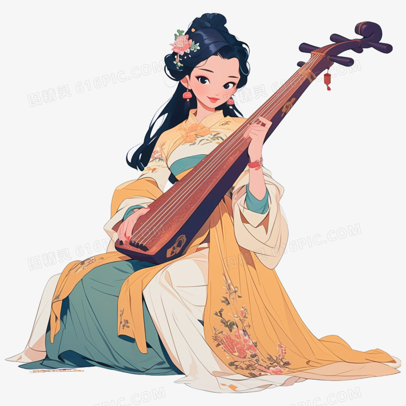 卡通插画古装人物演奏中式乐器
