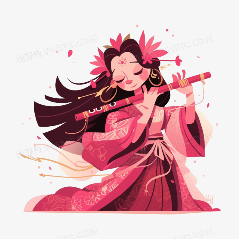 插画风红衣美女演奏音乐元素