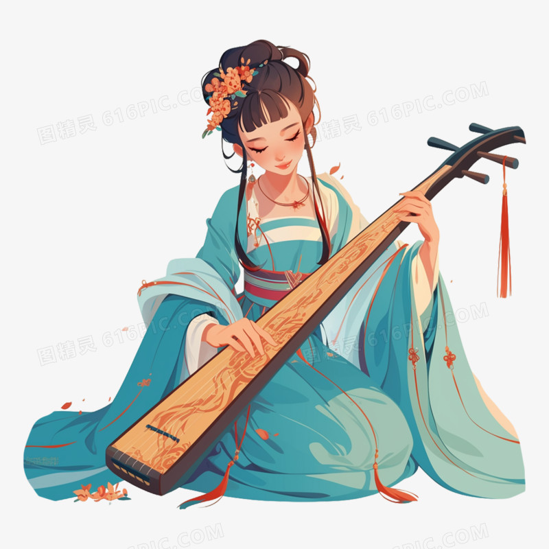 插画风青衣演奏乐器元素