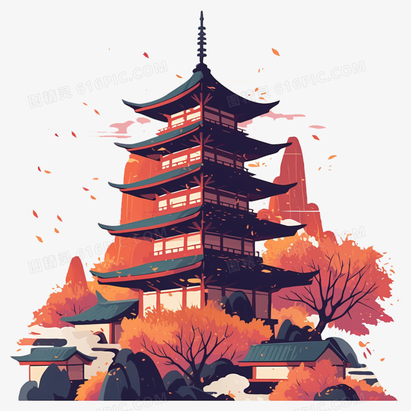 卡通扁平风古代宝塔设计元素
