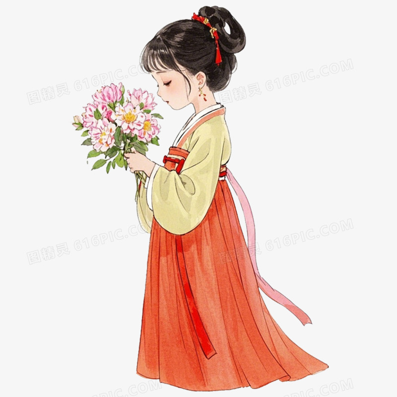 手绘水彩人物闻花香免抠元素