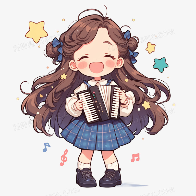 卡通插画风女孩拉风琴免抠元素