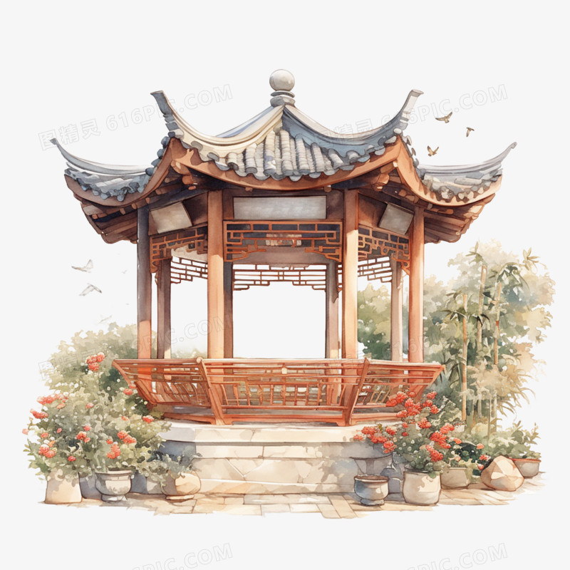 手绘水彩风中式亭子免抠元素
