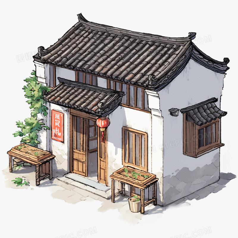手绘水彩农家小院免抠元素