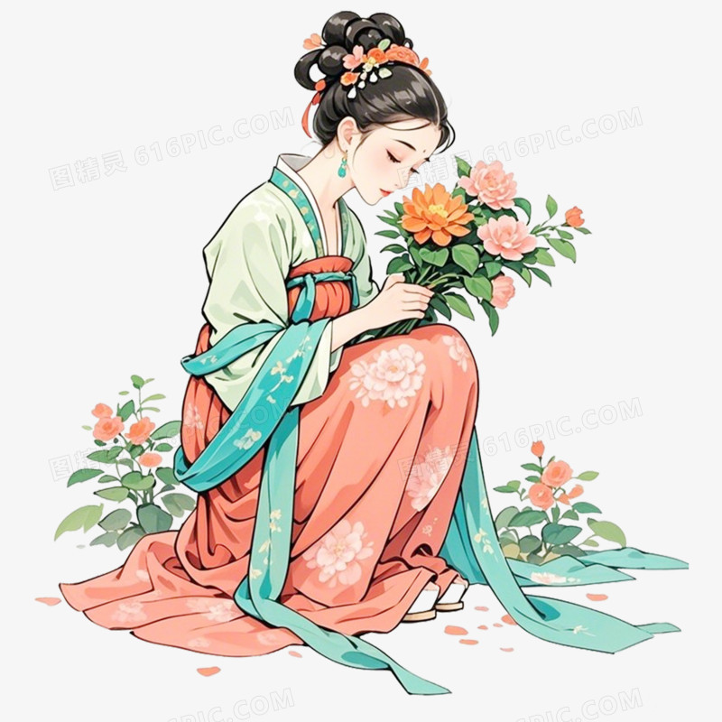 手绘水彩人物闻花香免抠元素