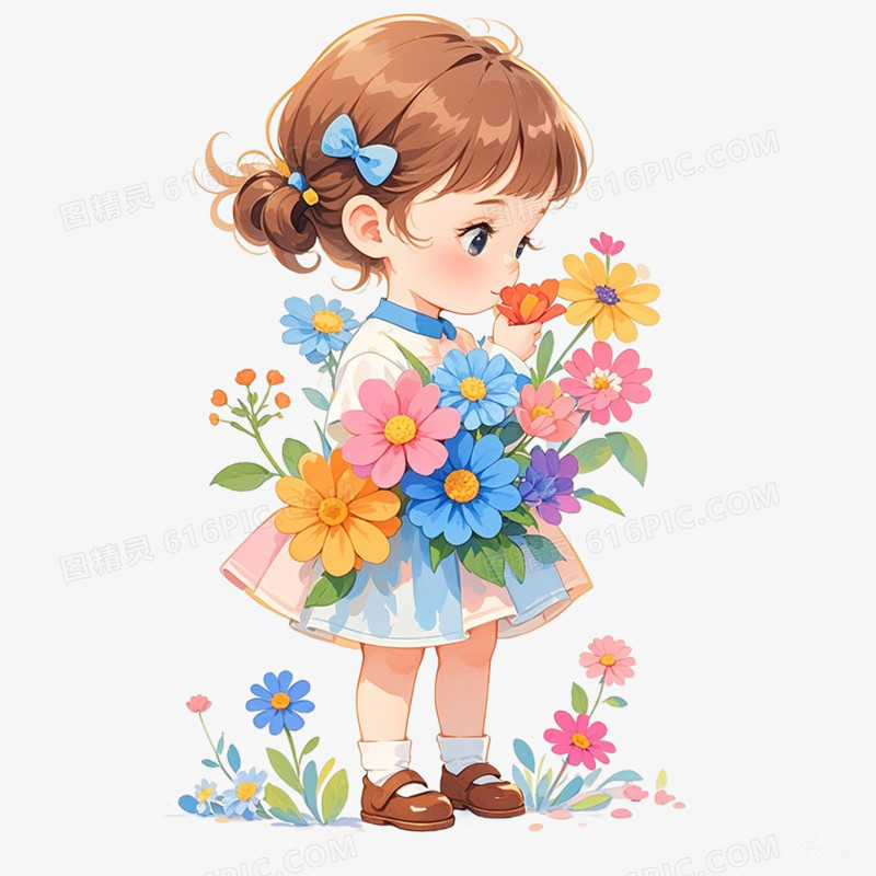 手绘水彩人物闻花香免抠元素