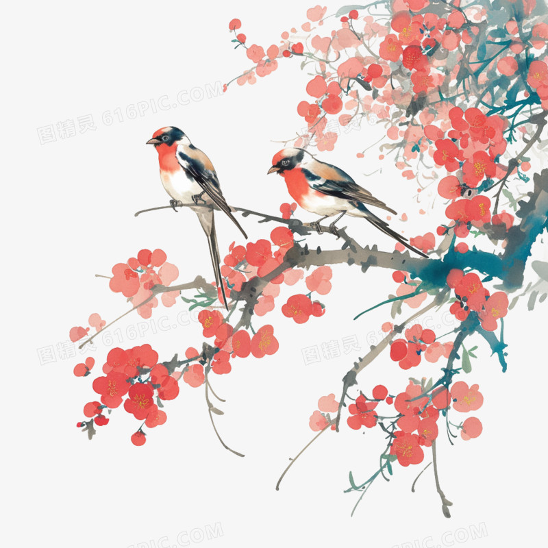 春天花枝和小鸟免抠元素