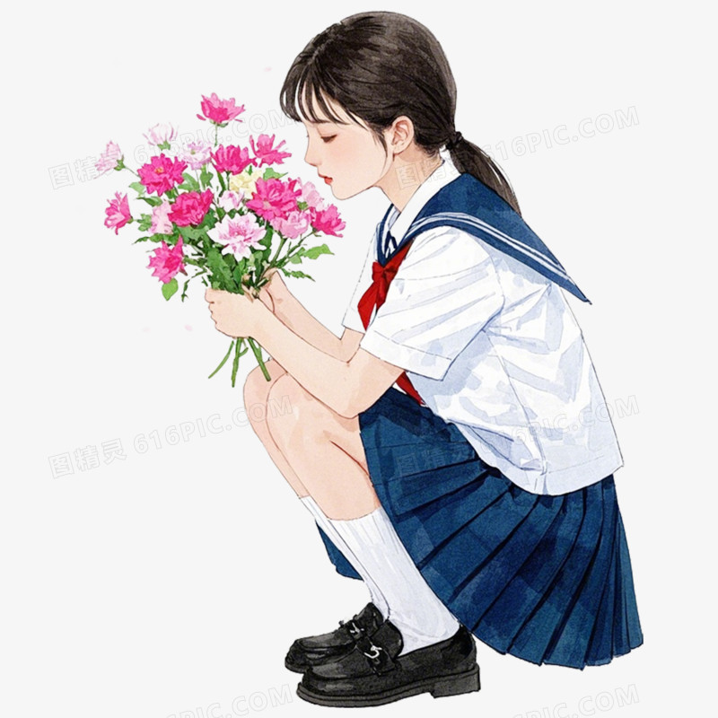 手绘水彩人物闻花香免抠元素