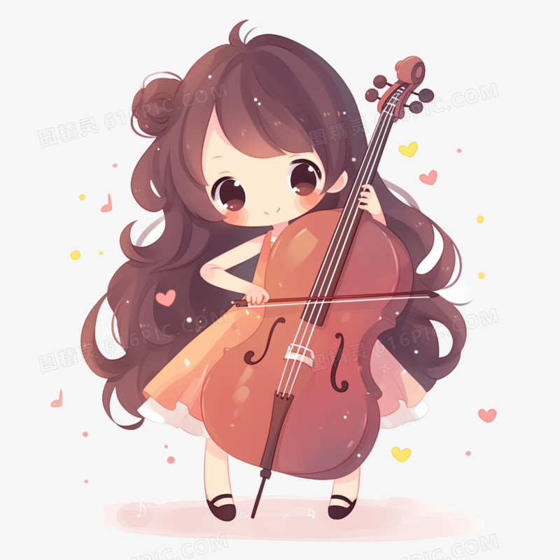 卡通插画风女孩拉大提琴免抠元素