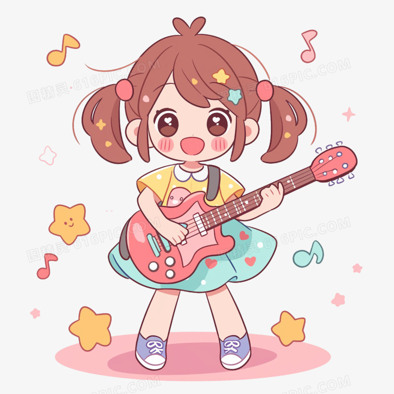 卡通插画风女孩弹吉他免抠元素