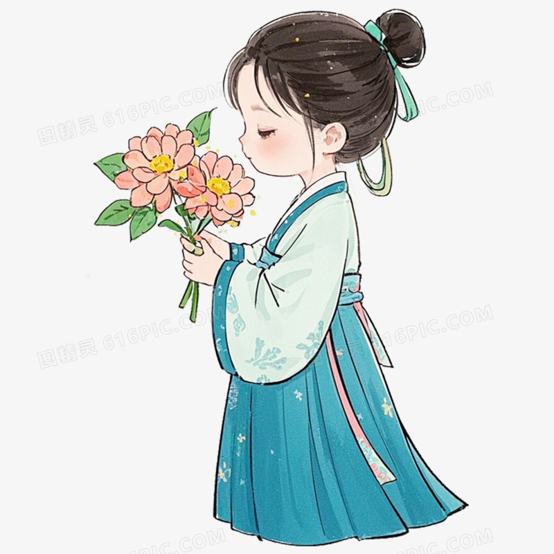 手绘水彩人物闻花香免抠元素