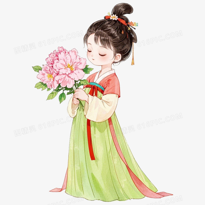 手绘水彩人物闻花香免抠元素