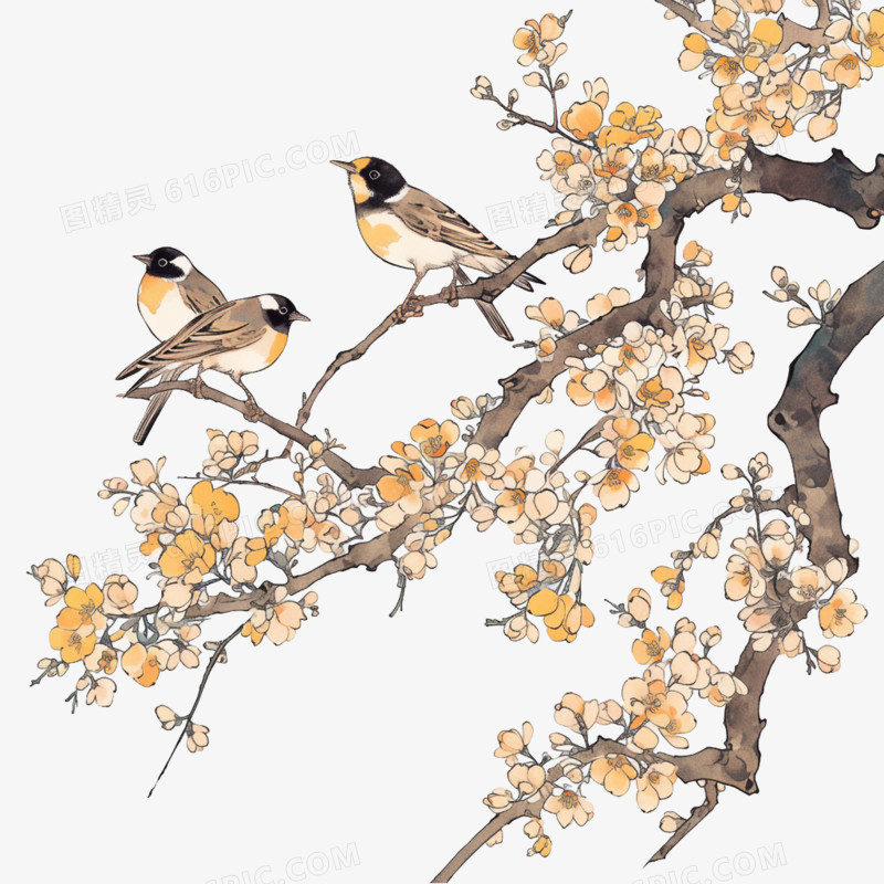 春天花枝和小鸟免抠元素