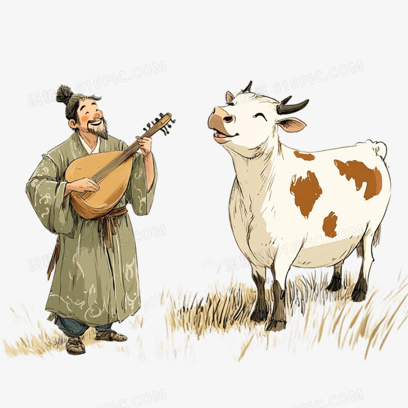 对牛弹琴插画免抠元素