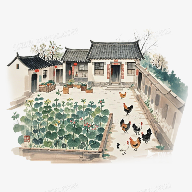 农家小院水墨插画免扣元素
