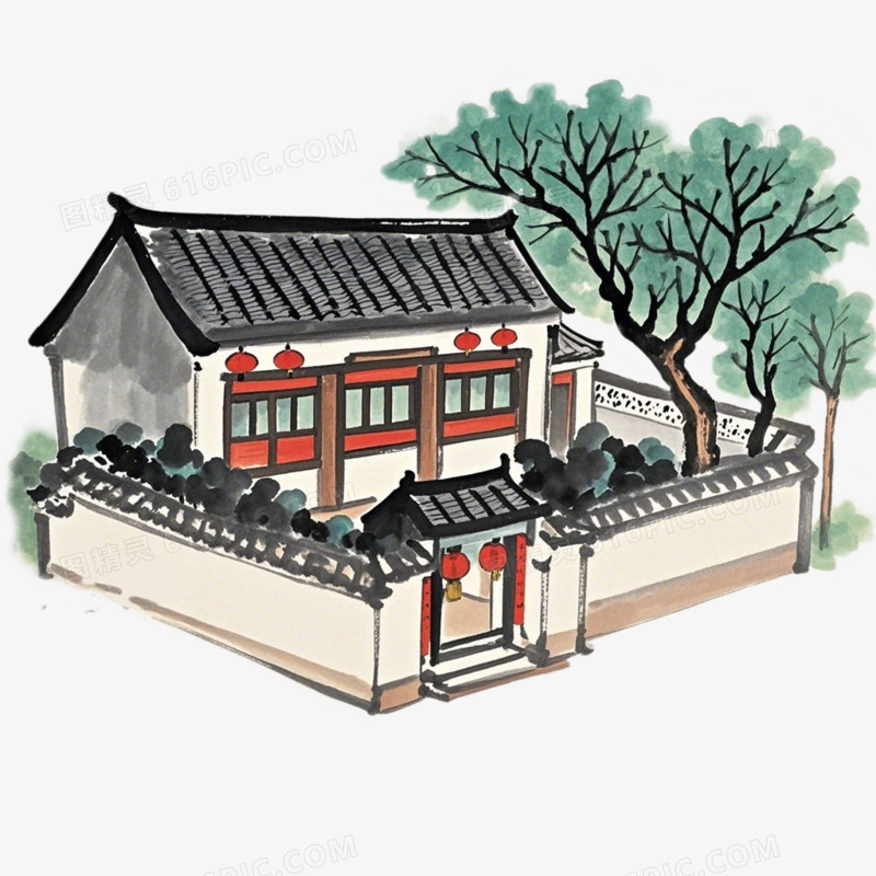 水墨风乡村小院院落免抠元素