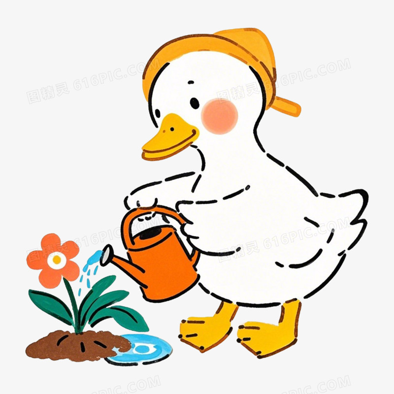 卡通鸭子浇花简笔画免抠元素