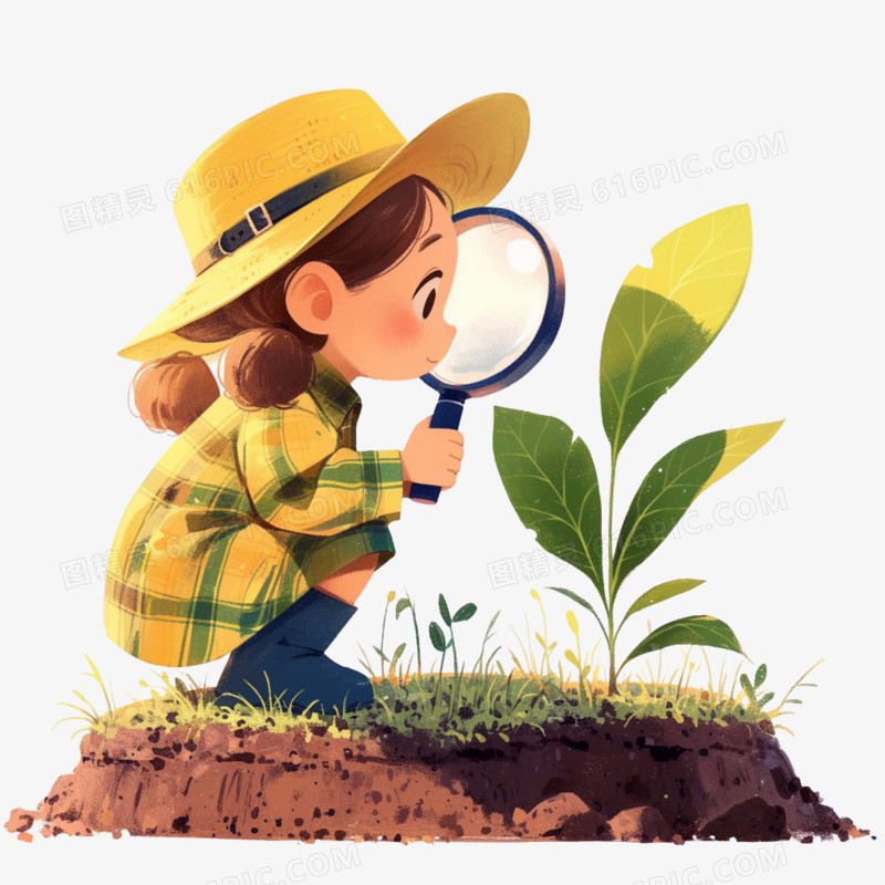 女孩观察植物免抠元素