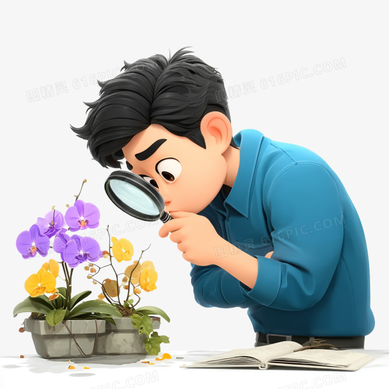 插画风格人物用放大镜观察植物花朵免抠元素