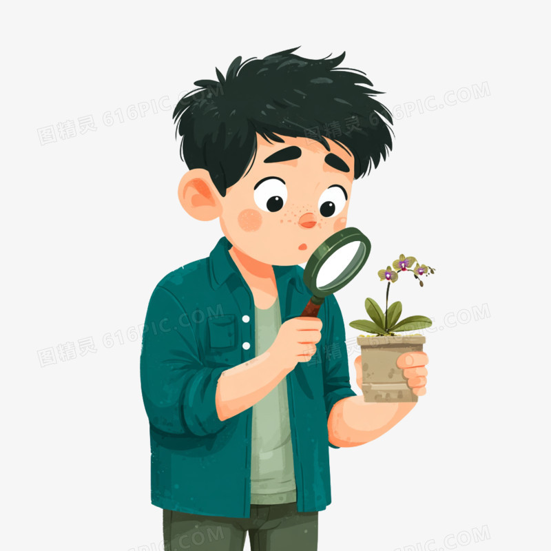 插画风格人物用放大镜观察植物花朵免抠元素