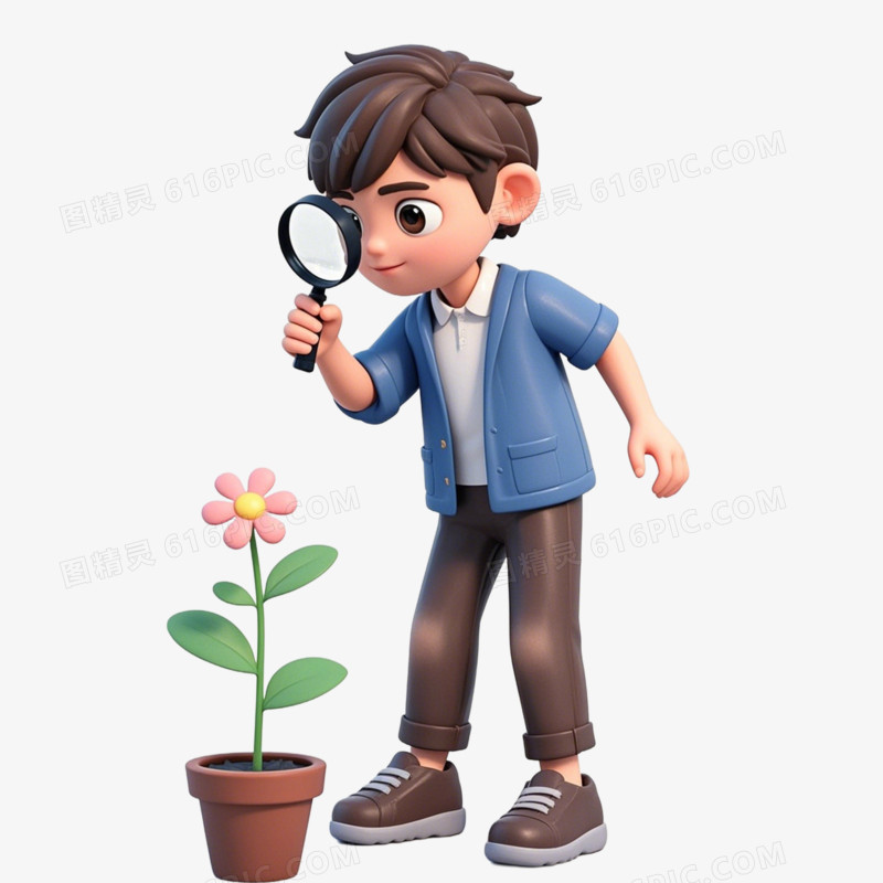 3D建模男生观察植物免抠元素