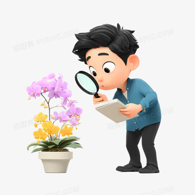 插画风格人物用放大镜观察植物花朵免抠元素