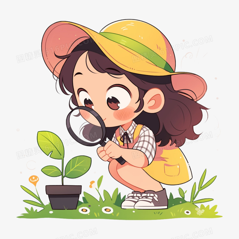 女孩观察植物免抠元素