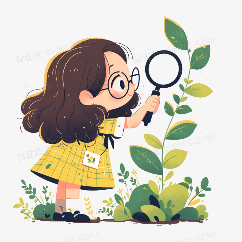 女孩观察植物免抠元素