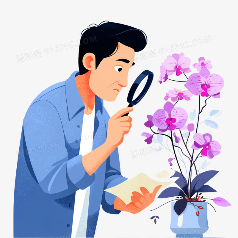 插画风格人物用放大镜观察植物花朵免抠元素