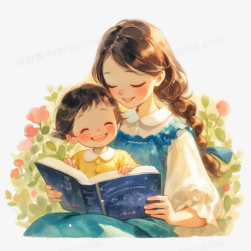 手绘水彩风妈妈抱着小朋友看绘本免抠元素