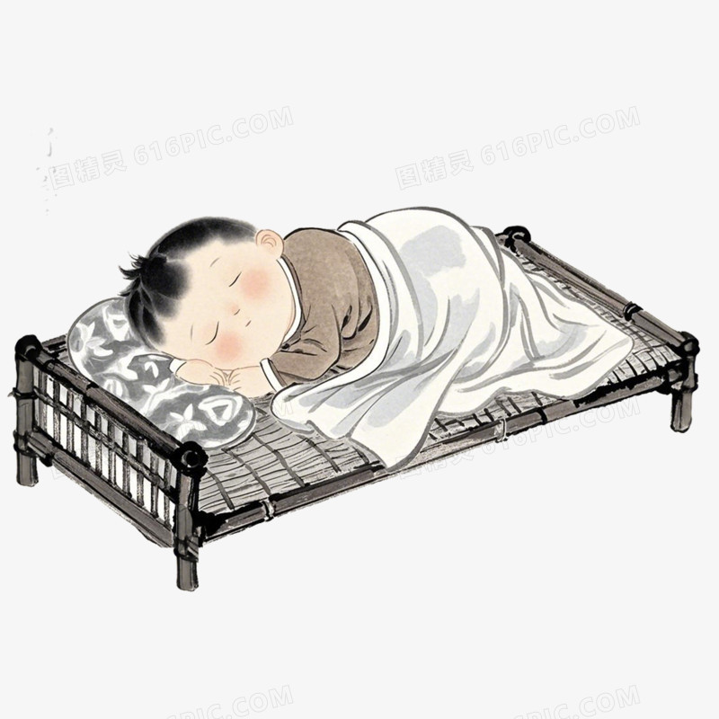 水墨风小男孩躺在床上睡觉免抠元素