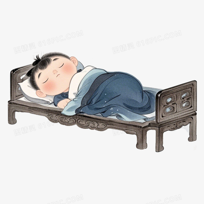 水墨风小男孩躺在床上睡觉免抠元素