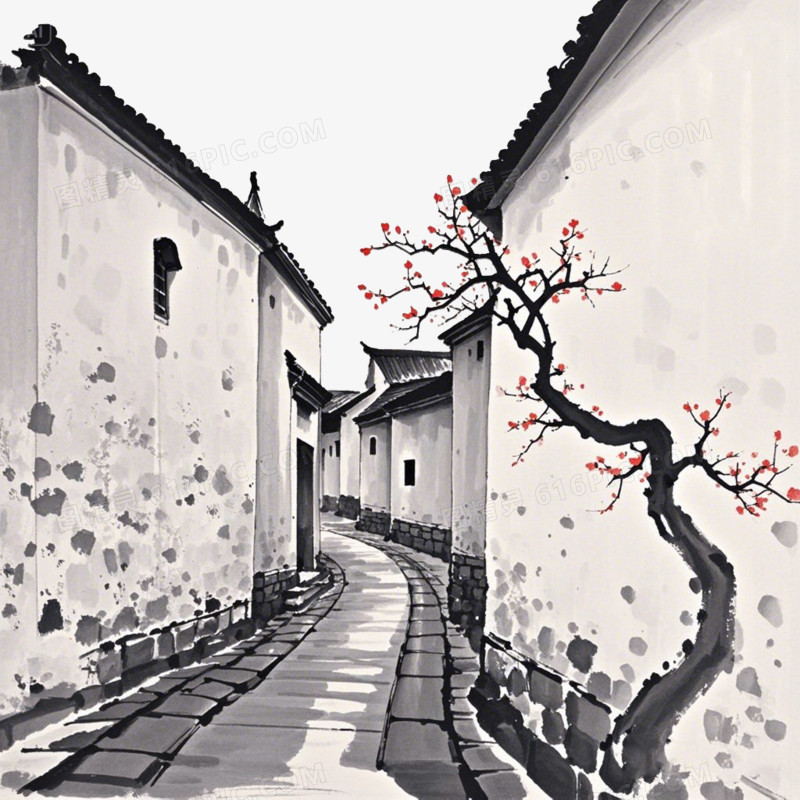 水墨手绘巷子小巷免抠元素