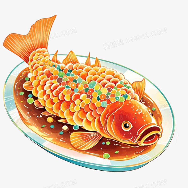 卡通手绘苏菜松鼠鳜鱼免抠元素
