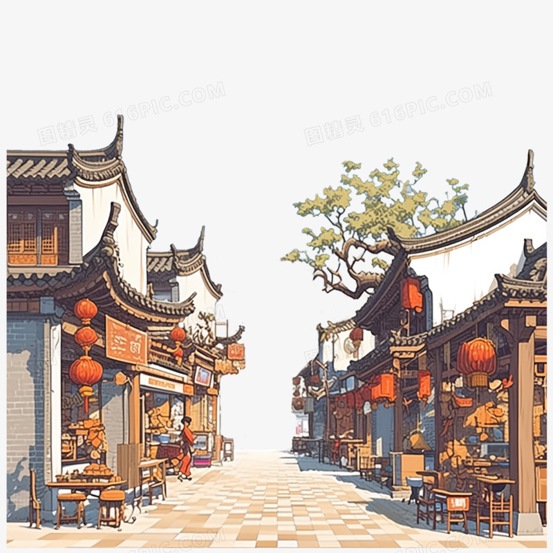 手绘插画小巷免抠元素