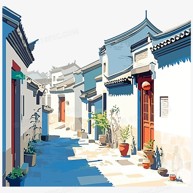 手绘插画小巷免抠元素