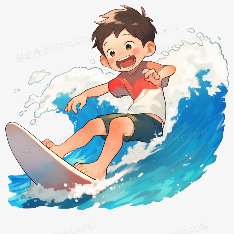 手绘卡通小孩冲浪免抠元素
