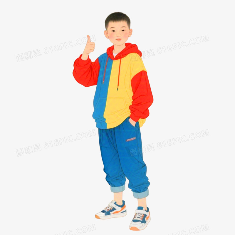 卡通手绘男孩竖起大拇指点赞免抠元素