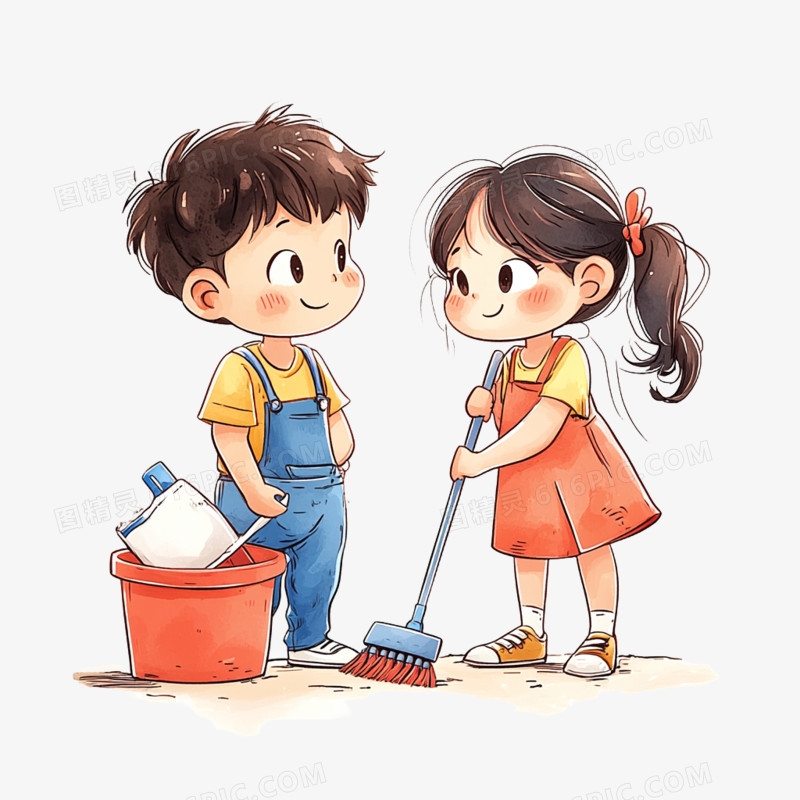 插画风两个人打扫卫生免抠元素