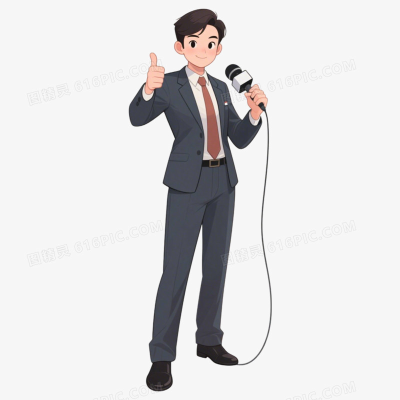 卡通手绘记者竖起大拇指点赞免抠元素